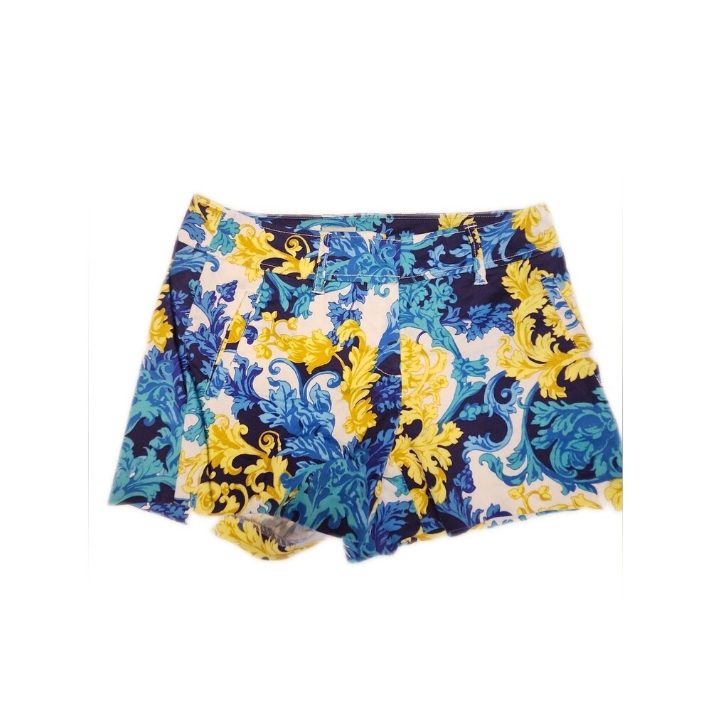 Cache Cotton 4" Flat Front Shorts, White Blue Yellow Gold Scroll Design, 2